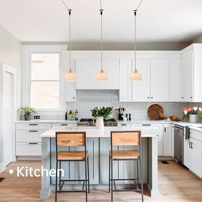 Plug in Pendant Light Hanging Light Fixture Corded On/Off Switch Brass Pendant Light with White Striped Glass Lampshade for Bedroom Living Room Kitchen Island