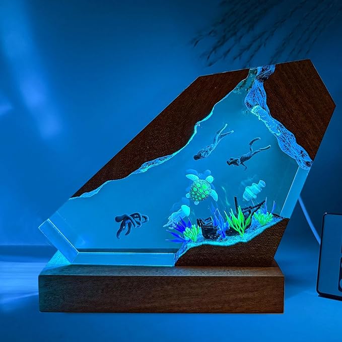 Octopus Ocean Resin Lamp, Handmade Wooden Table Resin Night Light, USB Port Art Ornaments for Home Office Decor, Scuba Diver Gifts for Birthday Holiday, Valentine's Day Gifts for Husband
