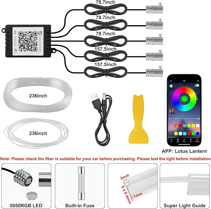 Interior Car Lights with Wireless APP and Remote Control, 5 in 1 RGB Ambient Lighting Kit with 236 inches Fiber Optic, 16 Million Colors Car Neon Strip with Music Mode