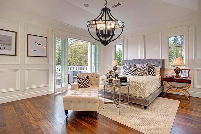 Farmhouse Crystal Ceiling Hanging Chandelier,16inch Black Rustic Vintage Pendant Light Fixture for Living Room Bedroom Dining Room Dining Foyer Kitchen Entry （5-Light）