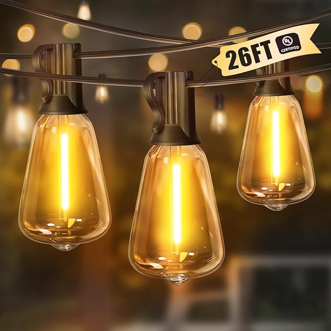 LAMPHOME Outdoor String Lights, 26FT Patio Lights with 12+1 ST38 LED Edison Bulbs (1 Spare), Connectable String Lights for Outside, Dimmable Hanging Light for Backyard Porch Decor, Warm White