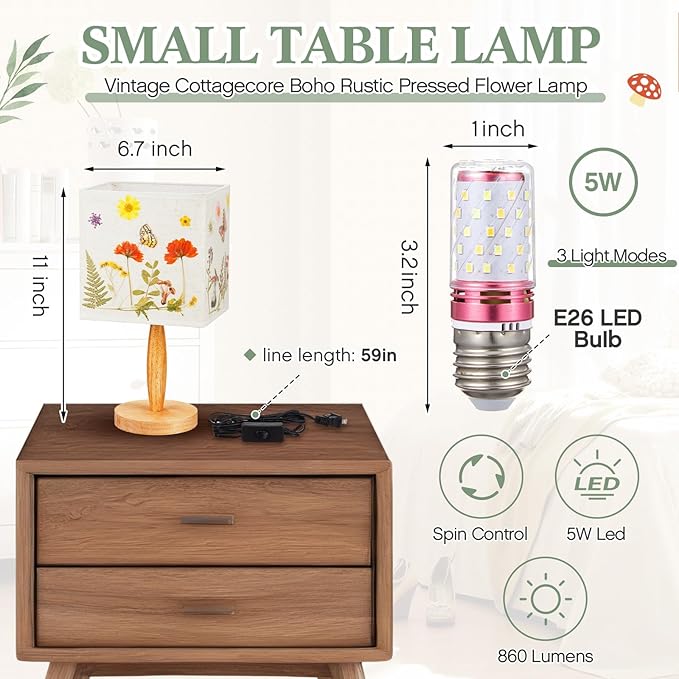 Hortsun Pressed Flower Lamp Vintage Table Small Lamp Cottagecore Decor Boho Night Light Decorative Rustic Night Light for Bedroom, Living Room or Office, Valentine Gift for Women(Square)