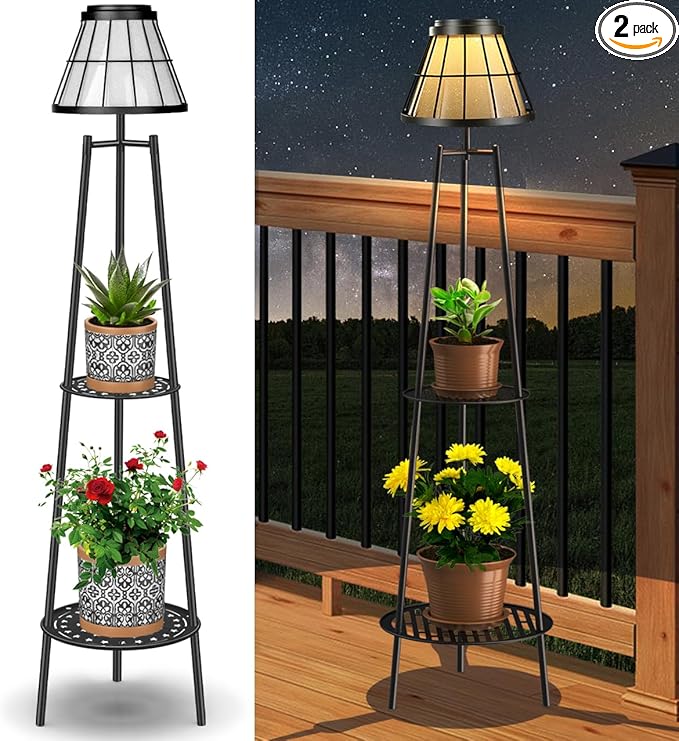 2 Pack Solar Lights with Plant Stands, 45.4'' Waterproof Outdoor Metal Solar Floor Lamps for Patio Deck Yard Pathway Porch Garden