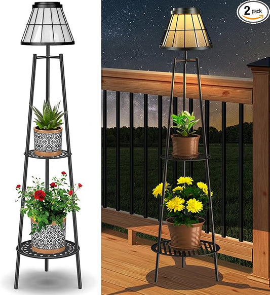 2 Pack Solar Lights with Plant Stands, 45.4'' Waterproof Outdoor Metal Solar Floor Lamps for Patio Deck Yard Pathway Porch Garden