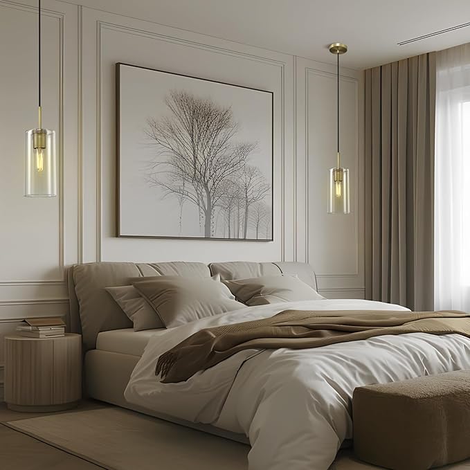 Modern Brass Pendant Lights Kitchen Island Glass Pendant Light Fixtures, 9.5'' Farmhouse Clear Glass Cylinder Pendant Light, Gold Kitchen Pendant Lighting over Island Sink, E26 Bulb Included