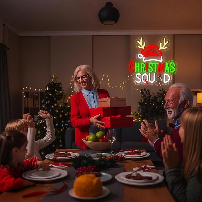 Christmas Neon Sign for Wall Decor Dimmable Christmas Squad LED Neon Light for Party Bedroom Christma Decor for Window Shop Bar Reindeer Santa Hat Signs Festival Gifts for Kids Size 13.2*13in(GLNA002)