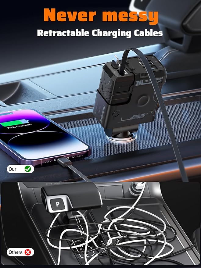 Retractable Car Charger with Retractable Cables (31.5 inch), 4 in 1 Super Fast Car Phone Charger, 2 USB Ports Car Charger Adapter, Compatible with iPhone 15 14 13 12 11 Pro Max, iPad, Pixel