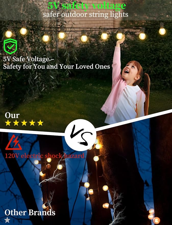IKERY 100Ft Outdoor String Lights USB 5V RGB Globe Led Patio Lights with50 Shatterproof Bulbs,Waterproof Hanging Lights for Room Café Bistro Pergola Garden Backyard Halloween Christmas