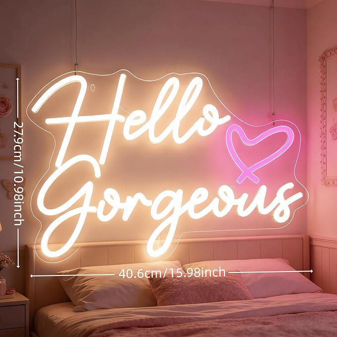 Hello Gorgeous Neon Light for Wall Decor, Pink USB Powered LED Sign with Dimmable Switch, Neon Sign for Home, Wedding, Birthday Backdrop, Party (Warm White02)
