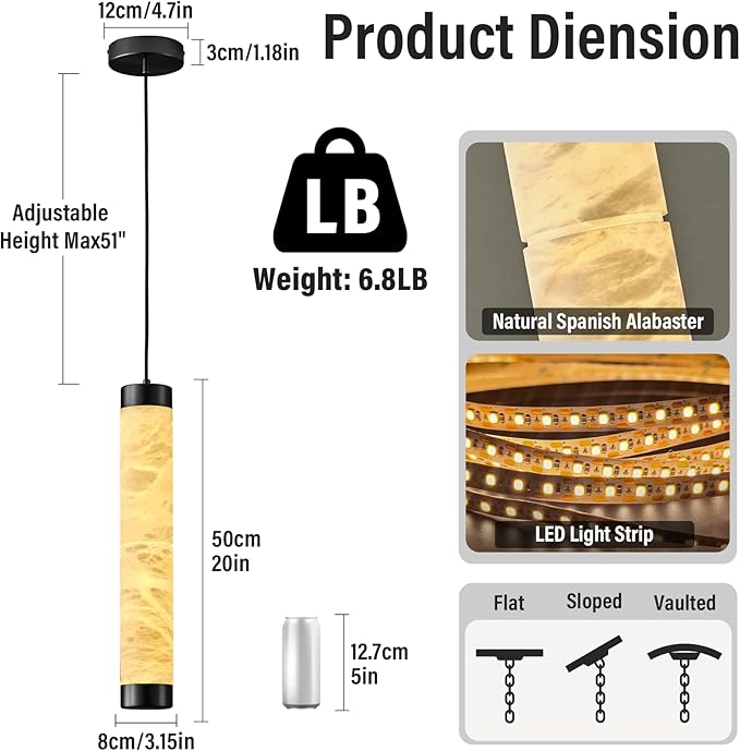 20" Alabaster Pendant Lights, 2PCS Natural Marble Cylinder Black Pendant Light, Adjustable Modern Ceiling Light Fixtures for Kitchen Island, Dining Room, Bedroom, Living Room, Bathroom