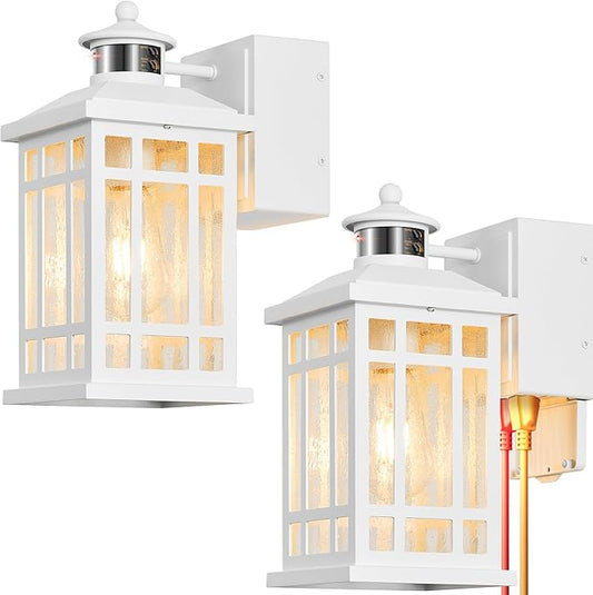 White 2-Pack Porch Lights with GFCI Outlet, Modern Updated Dusk to Dawn Outdoor Lighting, Waterproof Outdoor Light Fixture with Tempered Glass, Outside Light Wall Mount for House Garage