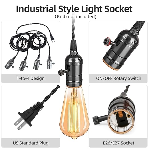 Vintage Plug-in Pendant Light Kit with 1-to-4 Hanging E26/E27 Sockets, Industrial Hanging Light with Individual Rotary Switches, Easy DIY Lighting for Living Room, Patio and Plant Corners, Black