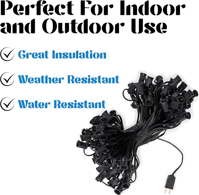 Holiday Lighting Outlet C7 Christmas Light String, Patio and Event Lighting, Black Cord, 12" Socket Spacing SPT-1 (100')