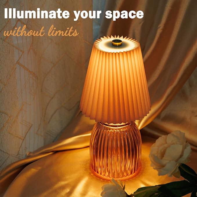 MJ PREMIER Small Battery Operated Lamp for Home Cordless Lamps with Timer 8.7 in High Battery Powered Pleated Lamp Emergency Small Lamps for Cozy Bedside Living Room Shelf Entryway Pink