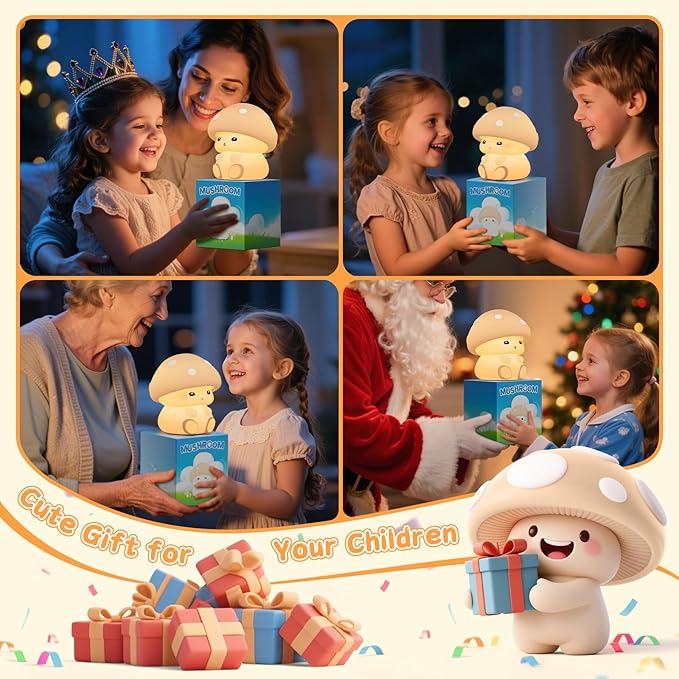 Mushroom Night Light, White Silicone Night Lamp, Touch Control with 30/60 min Dimmble, 3 Brightness Levels, 7 Color Changing, LED Night Lights, USB-C Rechargeable, Gifts for Girls Boys
