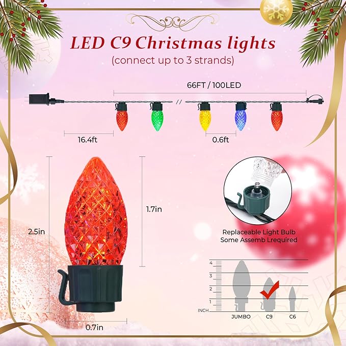 JMEXSUSS 100 LED C9 Christmas Lights Outdoor: 66 FT 8 Modes Plug in Connectable C9 Christmas Tree Lights for Roof Garden House（Multicolor）