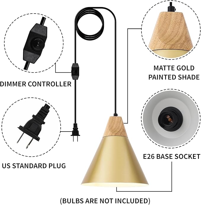 Gold Plug in Pendant Light, 2 Pack 9.4inch Hanging Lights with Plug in Cord 14.7 ft, Hanging Pendant Light, Hanging Lamp Plug in for Bedroom, Kitchen