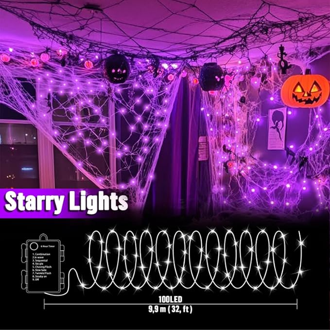 LAMPHOME Purple Fairy Lights, 100 LED 33ft Battery Operated Halloween Lights with Remote, 8 Modes Twinkle String Light for Halloween Thangksgiving Fall Tree Indoor Outdoor Decoration