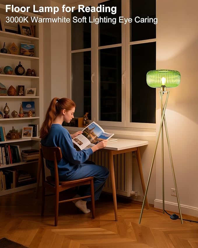 Lightdot Glass Tripod Floor Lamp for Living Room, Modern Gold Standing Lamp with Green Ribbed Glass Lampshade, Arc Tall Lamp for Bedroom Office Reading Room/Sofa Beside/Corner Decor (Bulb Included)