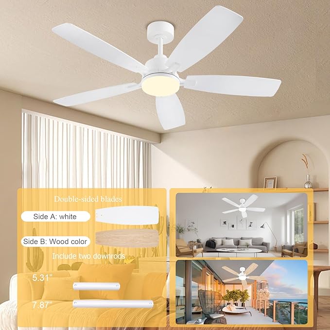 White Ceiling Fans with Lights, 52 Inch Low Profile Ceiling Fan with Light and Remote/App Control, Dual-Sided Blades, Reversible, 3CCT, Dimmable, Modern Ceiling Fan for Indoor/Outdoor Patios