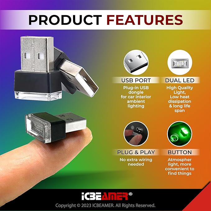 ICBEAMER Universal USB Interface Plug-in Miniature Night Light LED for Car Interior and Trunk Ambient Atmosphere, Color: Green