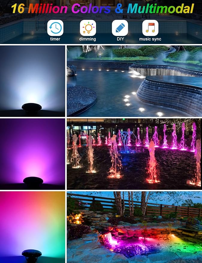 RGB Underwater Pond Lights,Super Bright 18 LED Submersible Fountain Lights, Bluetooth APP Control IP68 Waterproof Color Changing Spotlights for Fish Aquarium Tank Yard Garden Pool(Set of 12)