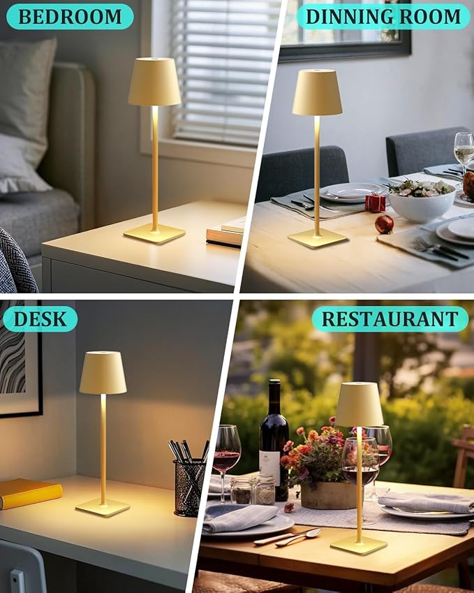 Cordless Table Lamp, 6000mAh Battery Operated, 250LM Adjustable Brightness IP65 Height Adjustable - Set of 2 Gold Wireless Lamps for Restaurant Patio Bedside Outdoor Cafe & Home Decor