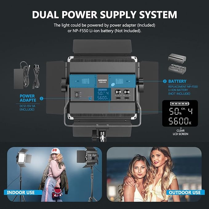 Neewer 2-Pack 2.4G LED Video Light with 2M Stand Bi-Color 200 SMD CRI 96+/U-Bracket/Barndoor/LCD Display Video Lighting Kit for Studio Photography, Remote/Case Included