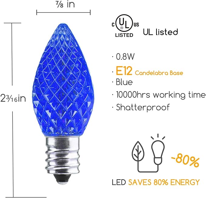 25 Pack C7 Led Replacement Christmas Light Bulb, C7 Shatterproof Led Bulbs for Christmas String Lights, E12 Candelabra Base, Commercial Grade Dimmable Holiday Bulbs, Blue