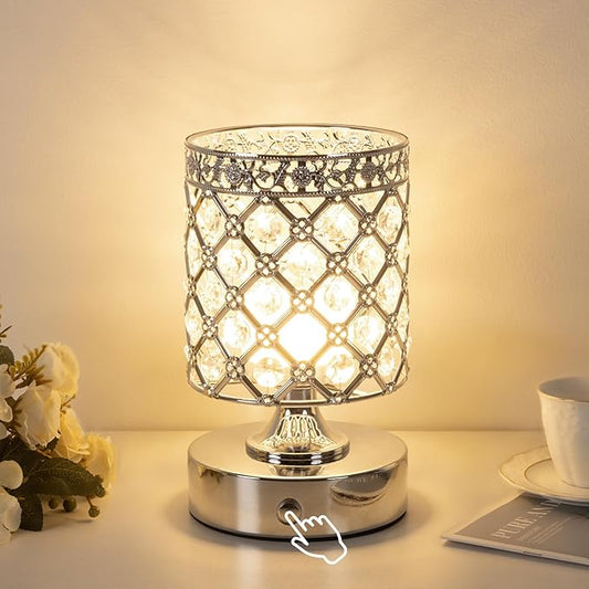 TOBUSA 6000mAh Crystal Battery Operated Lamp, Silver Modern Cordless Table Lamp Rechargeable, Portable Bedside Touch Small Desk Lamp 3000K-4500K-6000K, Stepless Dimmable Wireless LED Night Light