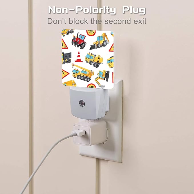 Cartoon Construction Vehicles Building Machines Night Light for Kids,Colorful Trucks Cars and Road Signs Night Light Plug in with Dusk to Dawn Sensor,0.5w Energy Saving Nightlight for Home Decor