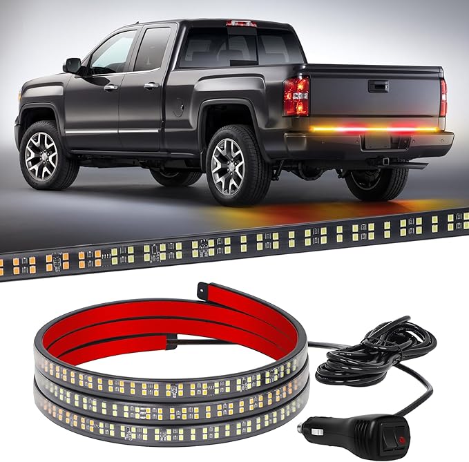 XRIDONSEN 60 inch Amber Red Truck Tailgate Strobe Lights Strip 360 LED Tail Light Bar Flashing Warning Hazard Safety Rear Emergency Lights for Tow Plow Trucks Construction Vehicles Pickup Trailer