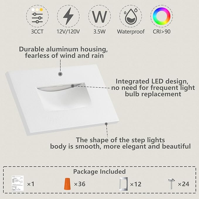 FTL 12-Pack Outdoor Step Lights LED Stair Lights Indoor, 12V 3000K/4000K/5000K Color Changing Deck Stair Light Outdoor, 3.5W 150LM Low Voltage Lights for Steps, Waterproof White