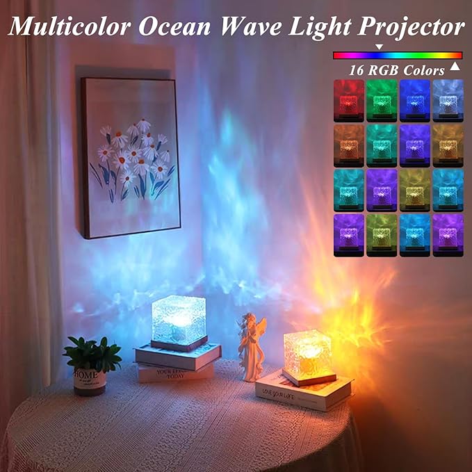 Aurora Ocean Wave Lights Projector Corded,16 Colors Changing Light Touch Dimmable Mood Lighting, Remote Crystal Night Lamp with Dynamic Ripple Effect for Bedroom Playroom Decor Kids Teens Gifts