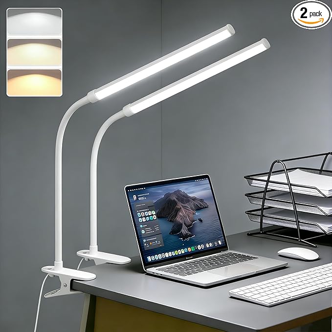 White 2 Pack LED Clip On Desk Lamp,Dimmable Clip On Reading Light with Flexible Neck,Curved Monitor Light Bar for Computer,Eye-Protection Bedside Lamp for Office Home Study Desk Accessories