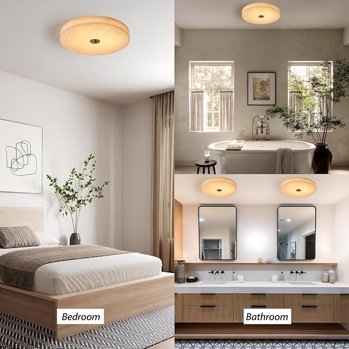 Alabaster Ceiling Light,15.7in Spanish Natural Marble Round Alabaster Flush Mount,Modern 2700K LED Kitchen Ceiling Lights Hardwired for Bedroom,Foyer,Bathroom,Entryway,Living Room