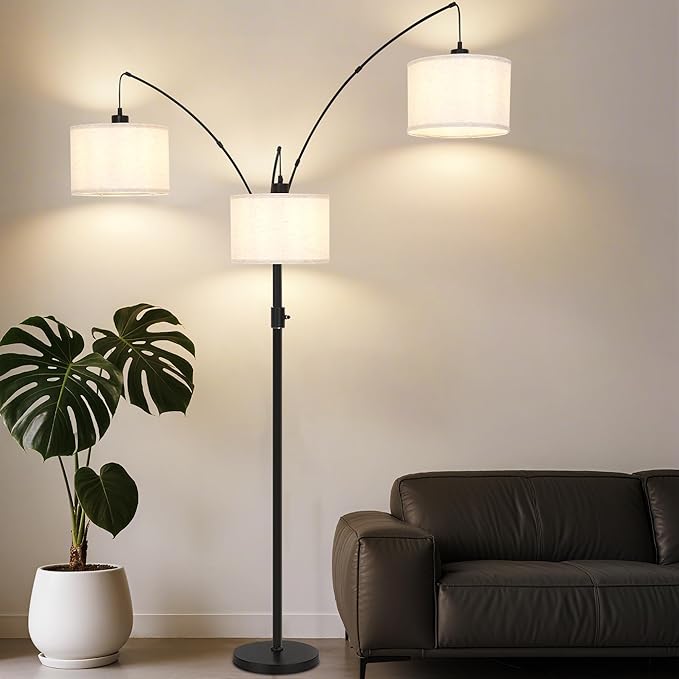 Dimmable Arc Floor Lamp-3 Lights Floor Lamps for Living Room,Modern Tall Standing Lamp with Beige Drum Shades&Heavy Base,Mid Century Tree Floor Lamp for Bedroom Corner Office,Bulbs Included