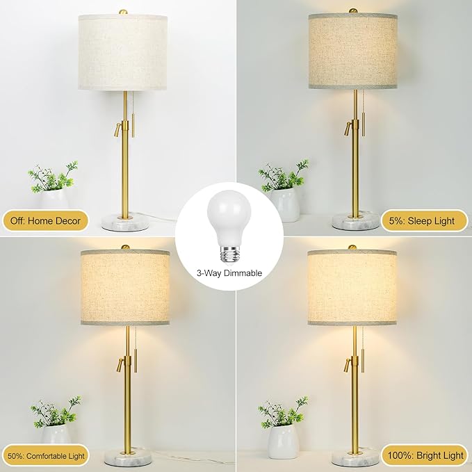 Table Lamp Set of 2: 22" to 30" Height Adjustable Pull Chain Switch for Living Room Bedroom End Table, Marble Base Beige Linen Shade Gold Nightstand Lamp for Office, Bedside Table (Gold, Beige Shade)