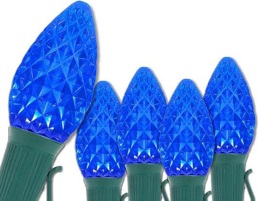 C7 Blue OptiCore Commercial Christmas Lights – LED Bulbs for Outdoor Holiday Party; Green Wire (100 Lights, 100 ft, Blue)