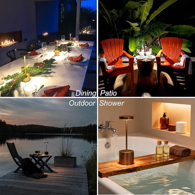 2 Pack Cordless Rechargeable Table Lamp, 3 Color Temperature & Dimmable, IP54 Waterproof Battery Operated Portable LED Light for Outdoor, Patio, Restaurant, Bedside, Shower (White)