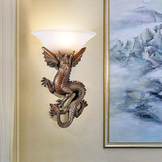 Wall Sconces Lighting Mystic Dragon Resin Wall Sconces Fixture Mystic Dragon Retro Sconce Lamp with Glass Shade for Hallway Stairs Bedside Bedroom