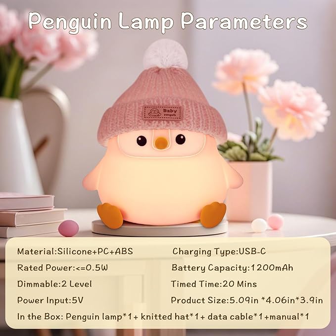 Penguin Silicone Night Light, Cute Pink Penguin Lamp with Knitted Hat, Soft Nursery Nightlight, USB Rechargeable/Dimmable,LED Squishy Novelty Animal Bedside Lamp,Funny Gifts for Kids/Girls