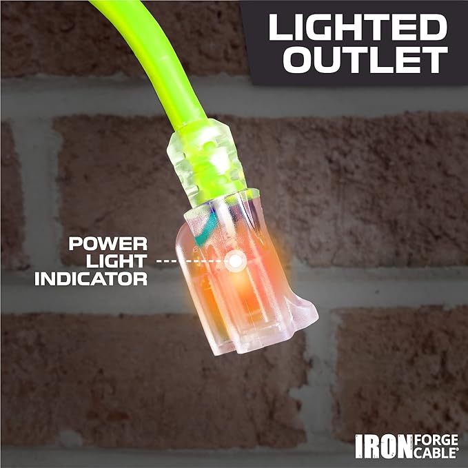 Iron Forge Cable 10 Gauge Extension Cord 50 ft, 10/3 Heavy Duty Extension Cord 50 Foot 3 Prong Lighted End, SJTW Light Green Outdoor Power Cable for Major Appliances, 15 AMP - US Veteran Owned