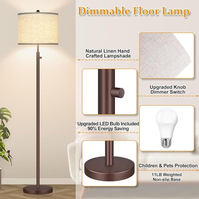Nintiue 【Upgraded】 Dimmable Floor Lamp for Living Room, 11W LED Bulb Included, Modern Standing Lamp, Tall Pole Light with Linen Shade for Bedroom Reading Office Corner Nursery-Matte Brown