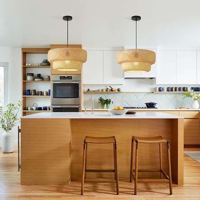 Bamboo Pendant Light,Boho Rattan Hanging Light,13.8" Hand Woven Wicker Chandelier for Kitchen Island for Kitchen Island Dining Bedroom Living Room Restaurants
