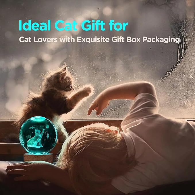 3D Cat Crystal Ball Night Light Cat Lover Gifts for Women 3.15 Inch Figurines Decor Lamp with 16 Color Wooden LED Base and Remote, Birthday Christmas Gifts for Boys Girls Kids