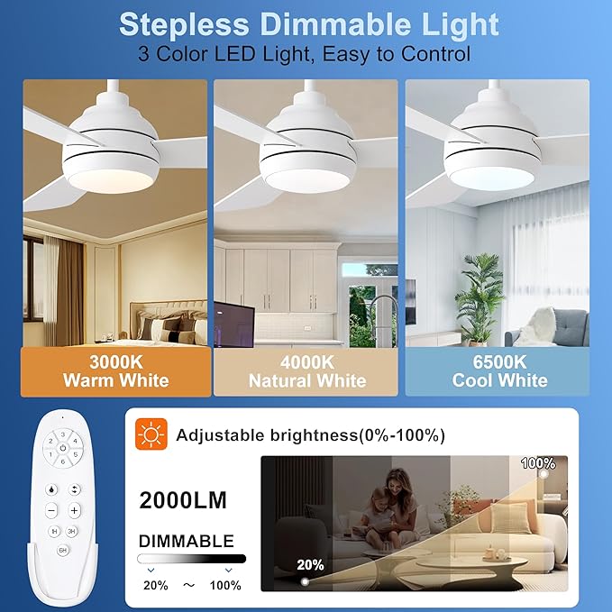 42 Inch Ceiling Fans with Lights and Remote, Modern White Ceiling Fan with Light, DC Reversible, 6 Speeds, 3CCT, Dimmable, 3 blades, Bedroom, Indoor/Outdoor Patios Use