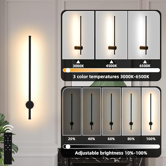 LED Wireless Wall Sconce with Remote Control, Dimmable/350° Rotate/Timing/USB Rechargeable Battery Powered Indoor Wall Lamps, 23.6 inch Black Wall Lights Set of Two for Hallway, Living Room, Bedroom