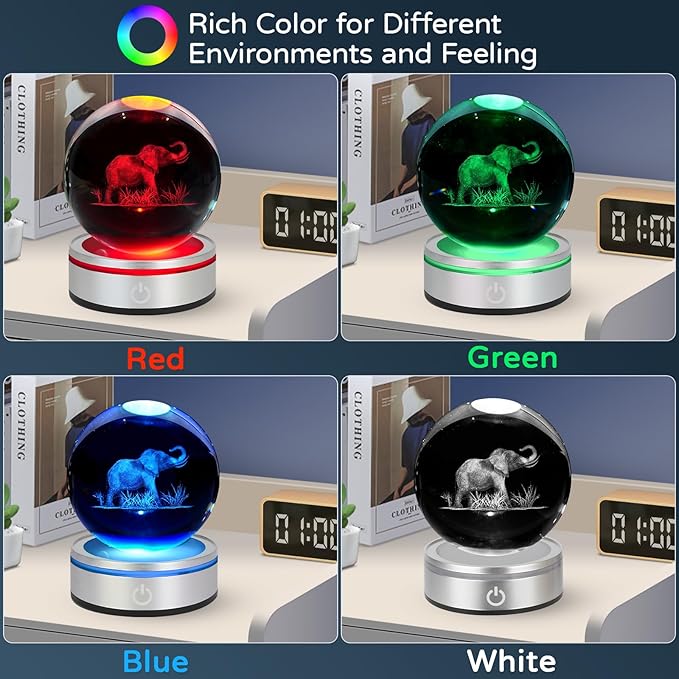 3D Crystal Ball Night Light - Elephant Gifts for Women, 3.15 In, Glass Lamp Home Decor for Birthday Christmas with LED Colorful Touch Base, Elephant Figurine Gifts for Her, Kids, Friends