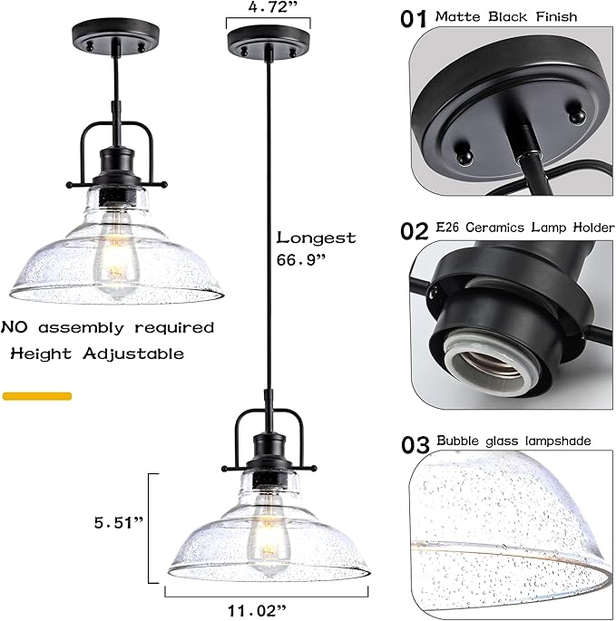 Glass Pendant Light，Black Pendant Light Fixtures with Seeded Glass Shade, Adjustable Height Hanging Lights for Hallway, Kitchen Island, Dinning Room（Bulb not Included）